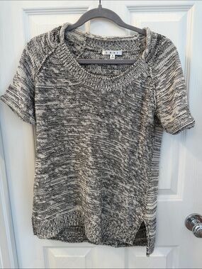 CAbi #973 Black & White Marled Short-Sleeve Knit Pullover Sweater
